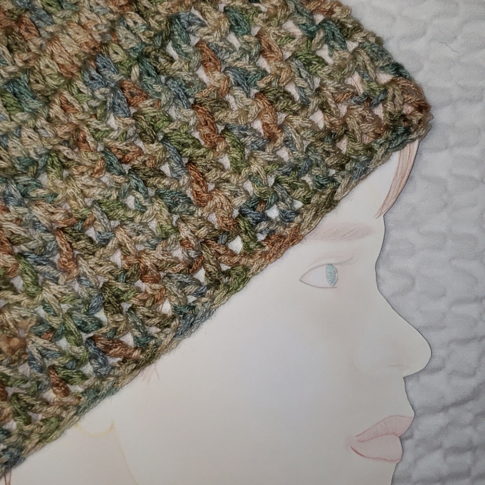 Handmade Crochet Hat. Brown Green Tan Blue